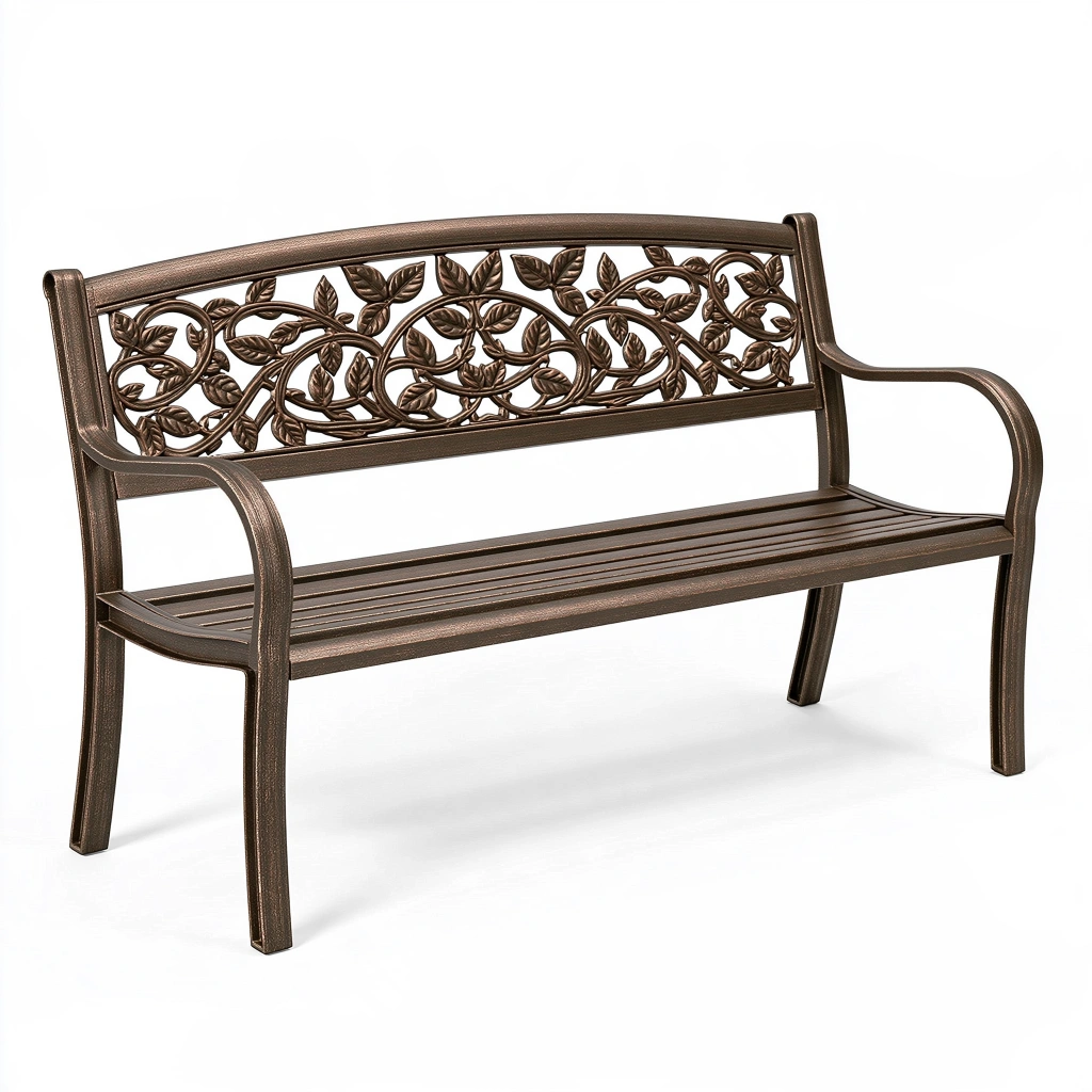 Gartenbank 122 cm Metall Bronze mit Blätterornamenten für Außenbereich