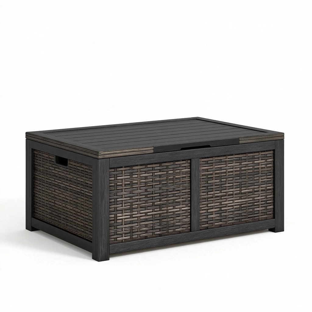 Auflagenbox 120 x 60 x 65 cm Kunststoff Schwarz-Braun mit Klappdeckel für Außenbereich