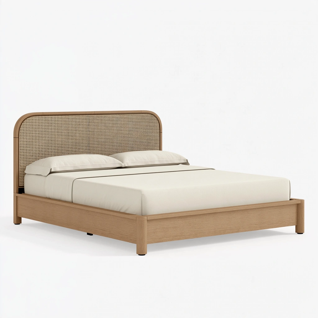 Doppelbett 160 x 200 cm aus Holz in Naturbraun mit Rattan Kopfteil