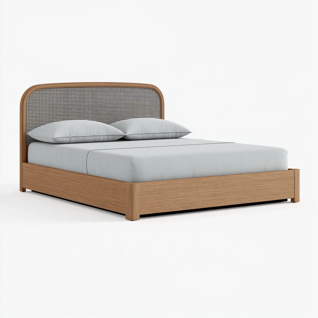 Bettgestell 160 x 200 cm Holz Natur mit Rattan Kopfteil - Modernes Doppelbett
